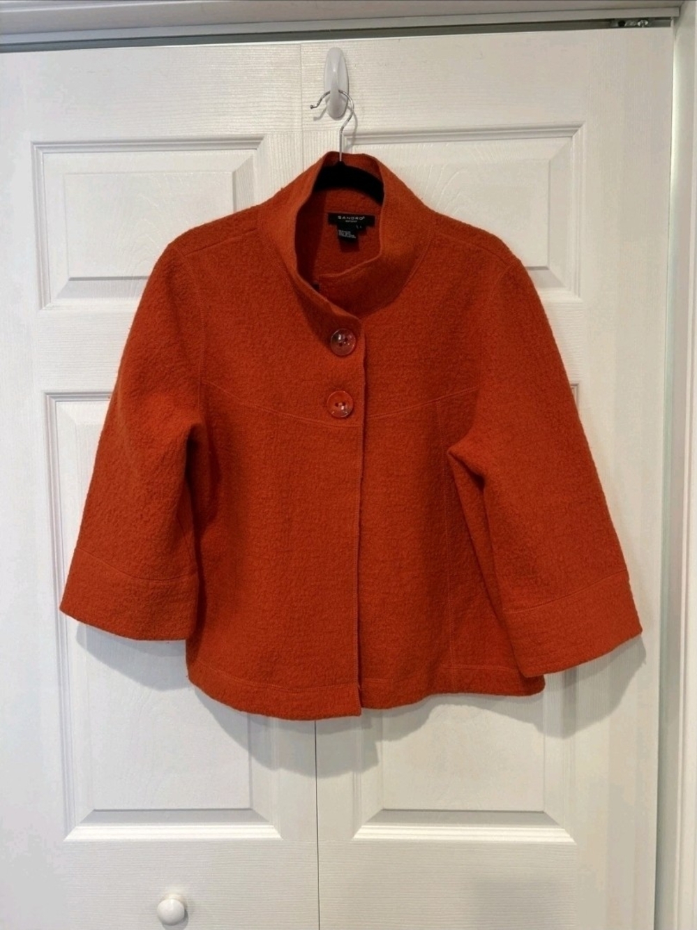Sandro Orange Textured Wool-Blend Short Coat with Stand Collar